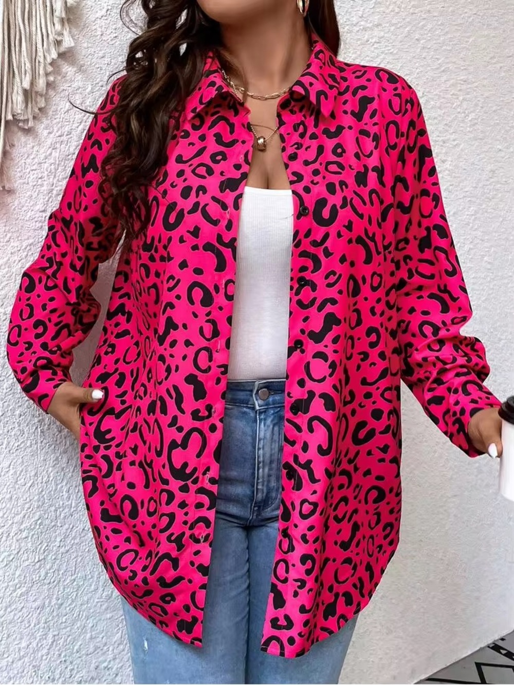 SHEIN Hot Pink and Black Leopard Print Button-Down Shirt size 28/30 7X